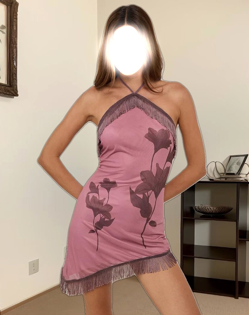 Clooney Fringe Mini Dress in Tonal Flower Mauve