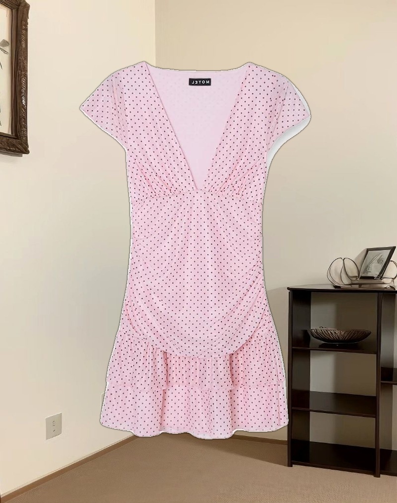 Mowgli Cap Sleeve Mini Dress in Baby Pink with Micro Polka Black