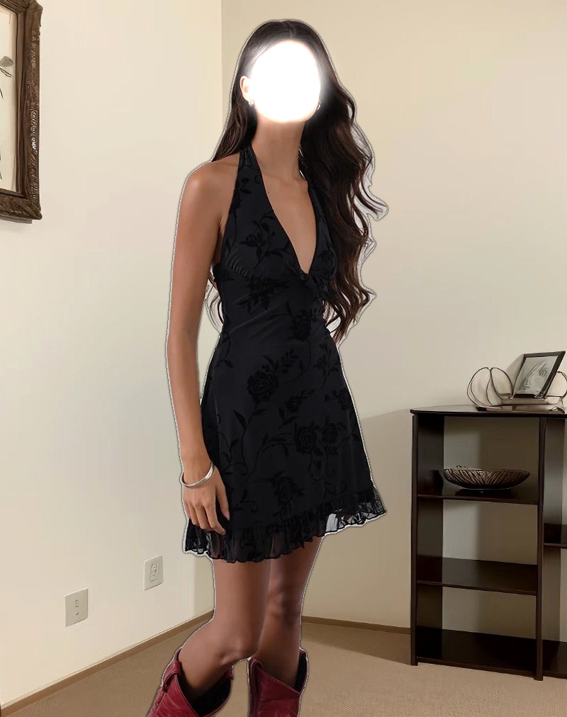 Motya Halterneck Mini Dress in Floral Rose Flocked Black