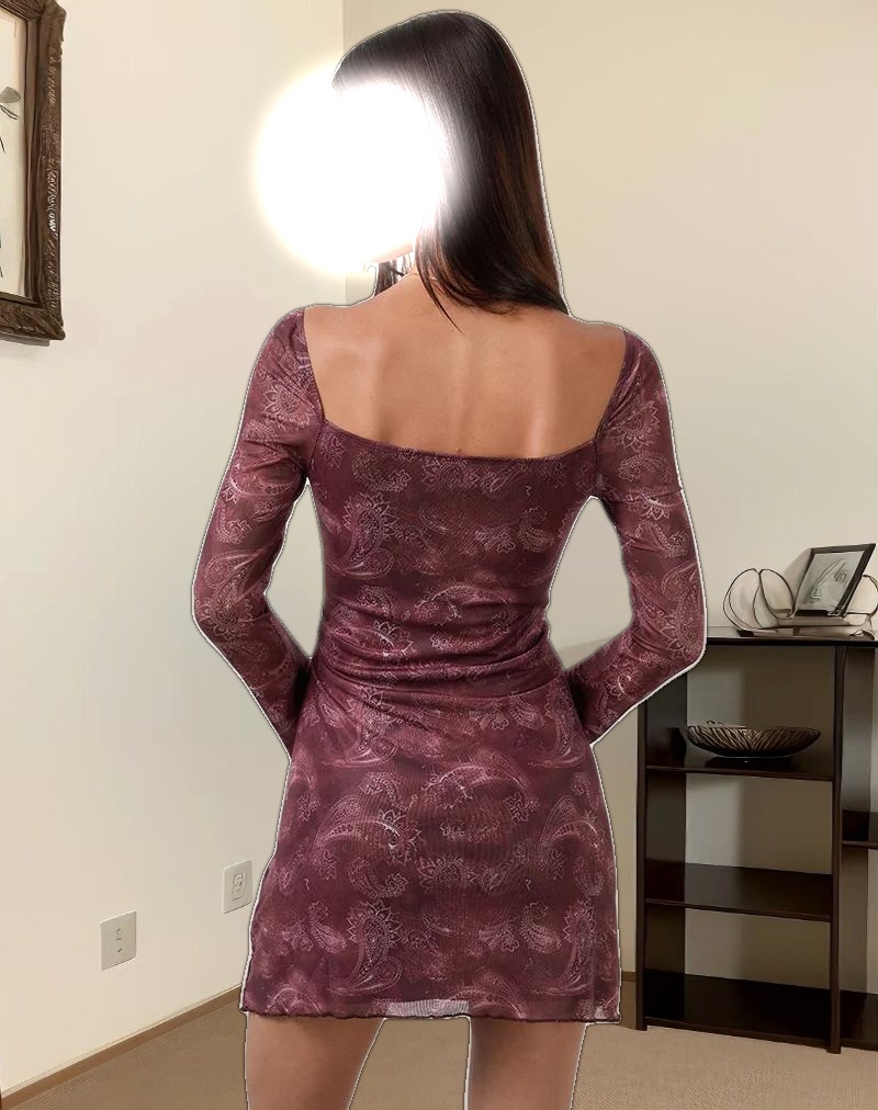 Modena Long Sleeve Mini Dress in Tonal Paisley Plum