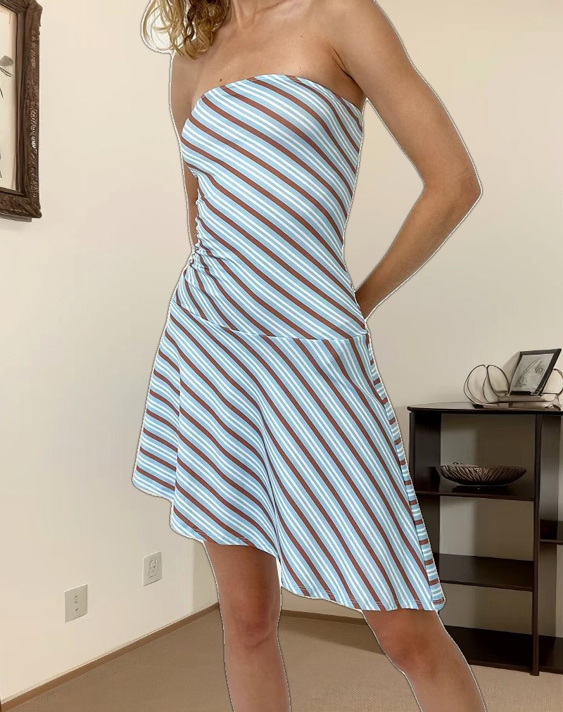Kagari Mini Dress in Diagonal Stripe Light Blue
