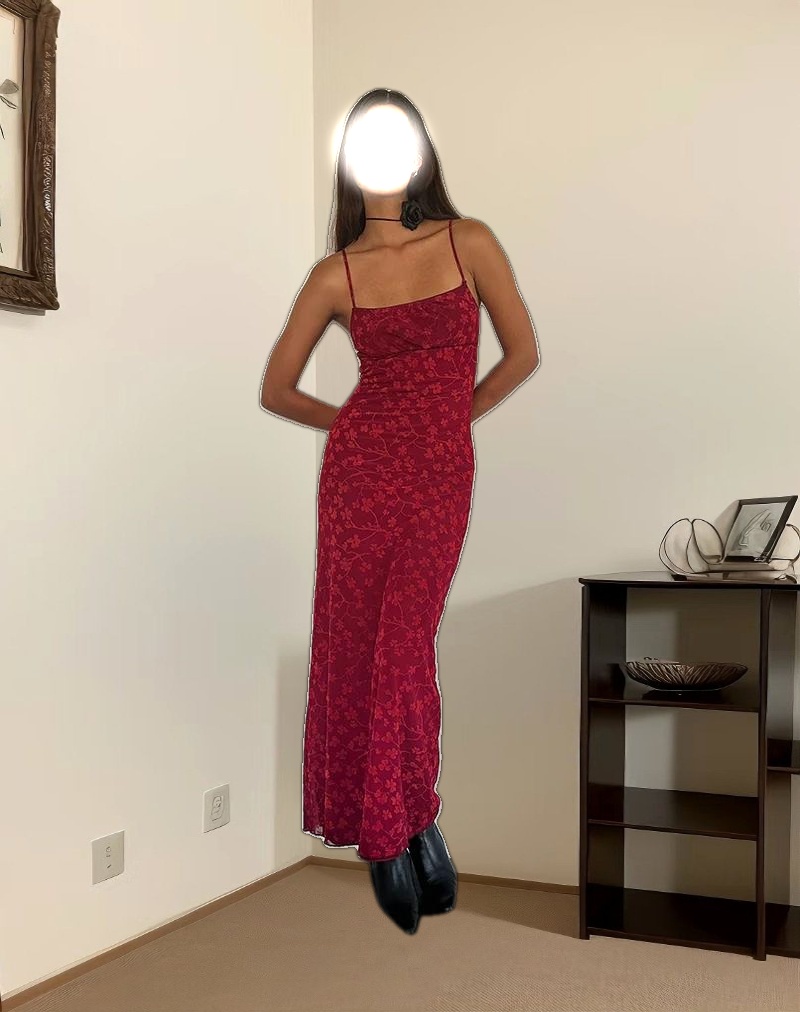 Darsih Cami Maxi Dress Red Grunge Floral Flock