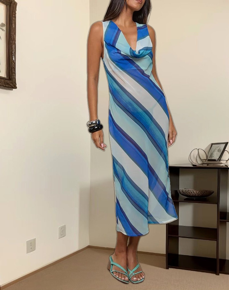 Anira Dress in Chiffon Painted Stripe Blue