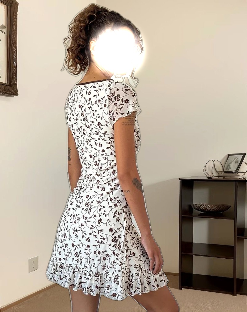 Melva Mini Dress in Brown Stem Flower Flock