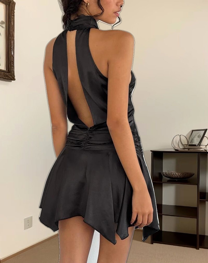 Hydri Satin Halterneck Mini Dress in Black