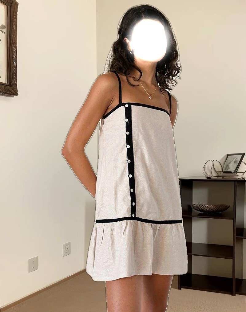 Berin Mini Tea Dress in Linen Ecru with Black Binding