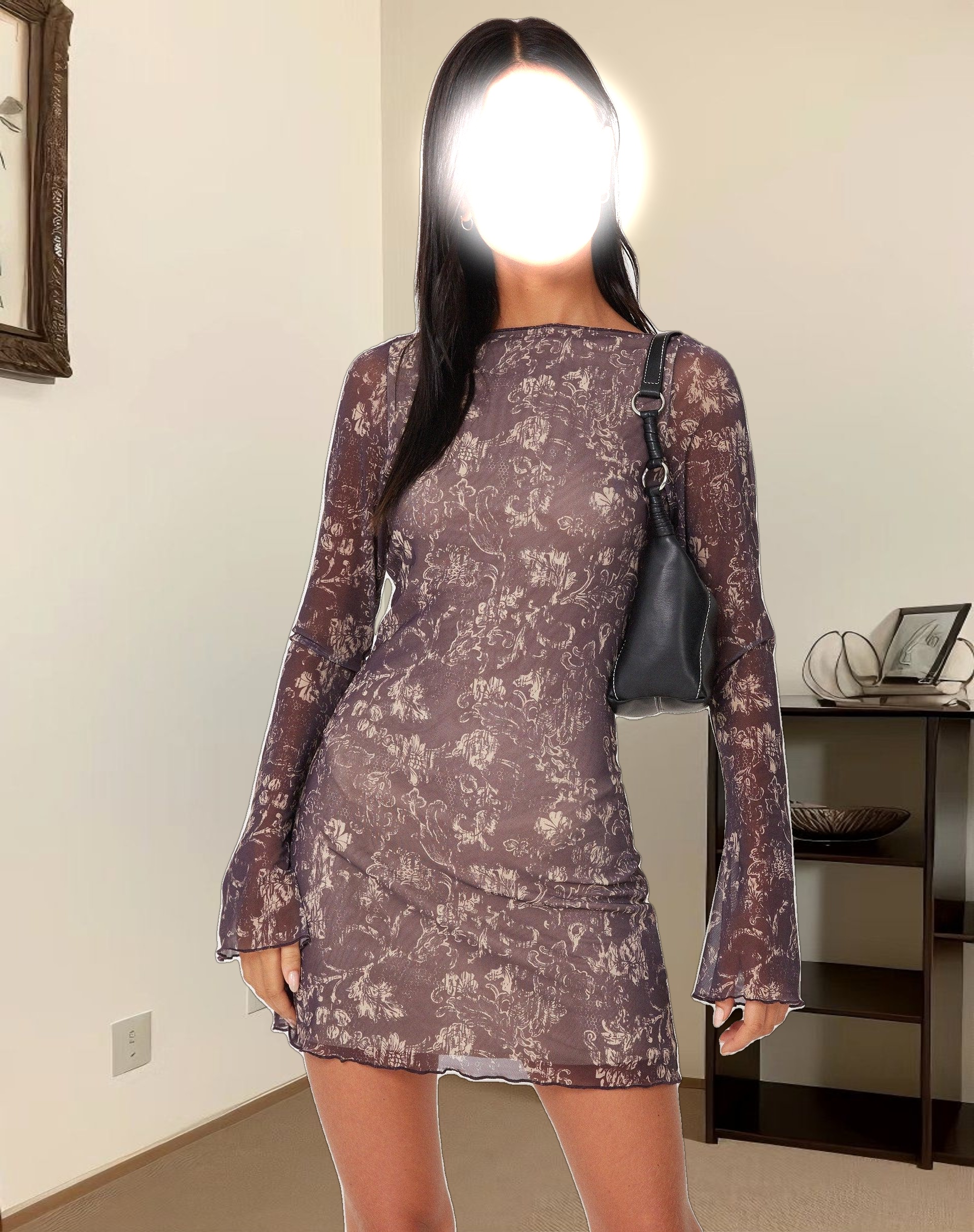 Sevila Long Sleeve Mini Dress in Botanical Dark Brown