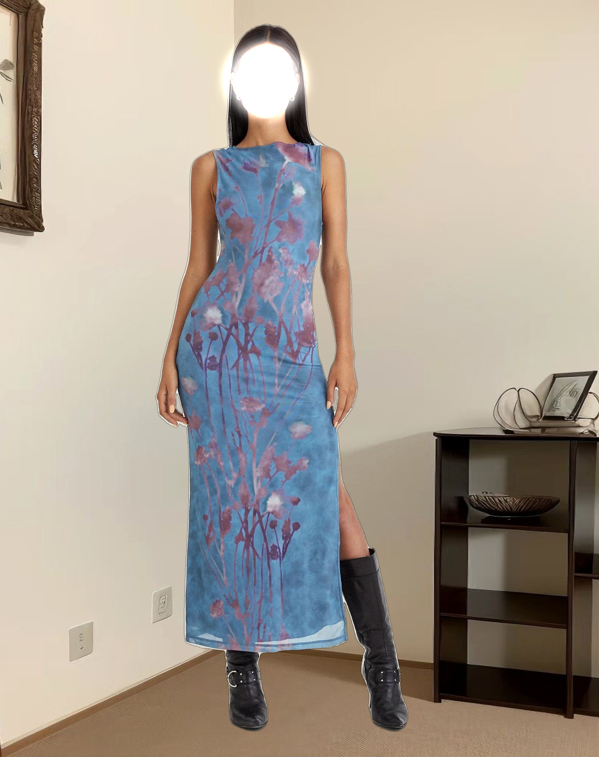 MOTEL X JACQUIE Flo Midi Dress in Lumen Mesh Blue