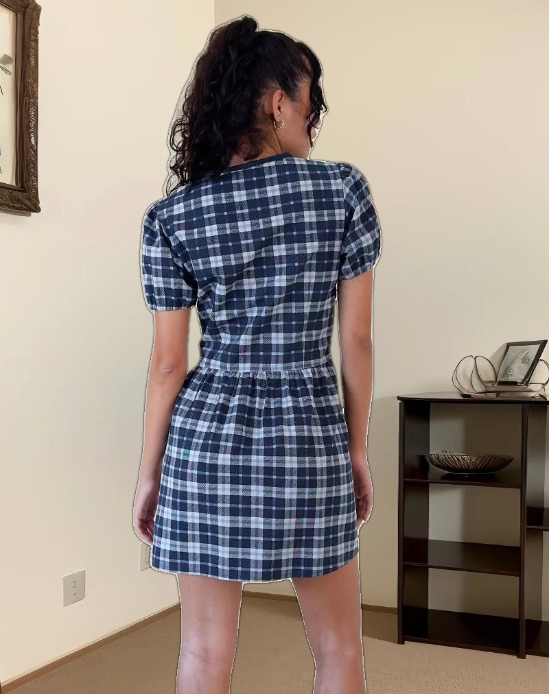 Byan Tie Front Dress in Tartan Dark Blue