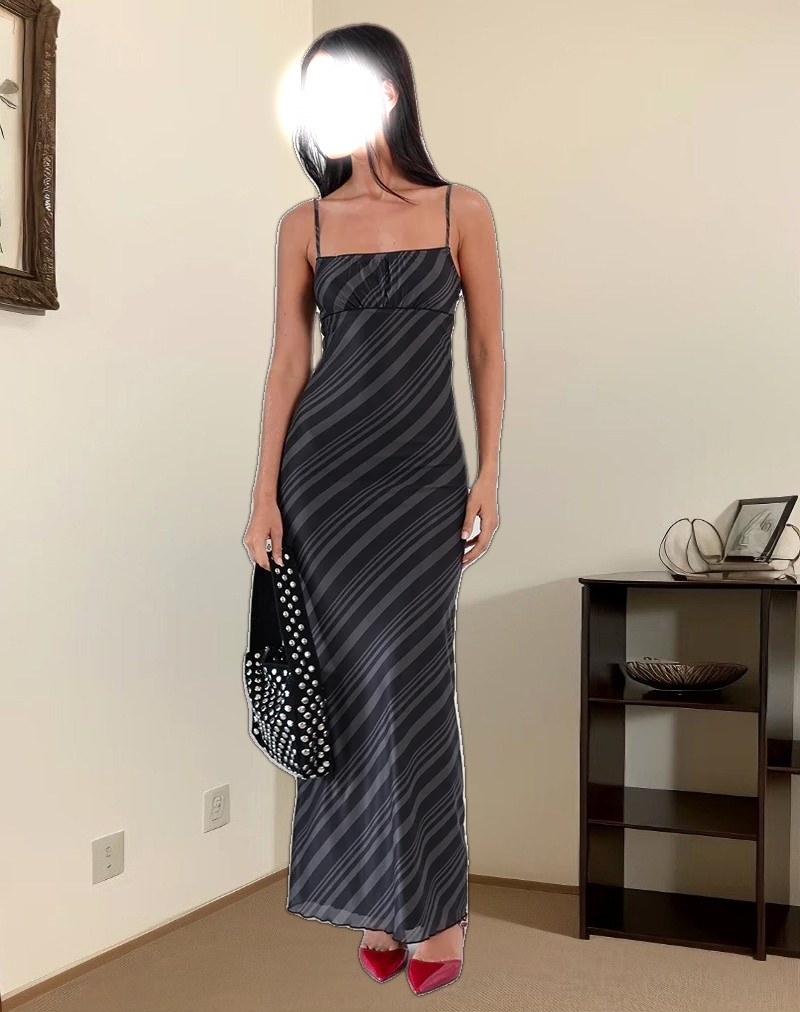 Darsih Maxi Dress in Irregular Stripe Grey Black