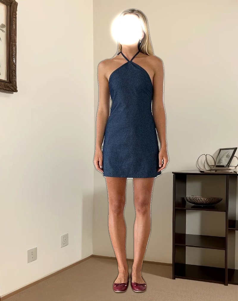Belinda Halterneck Mini Dress in Denim Chambray Indigo