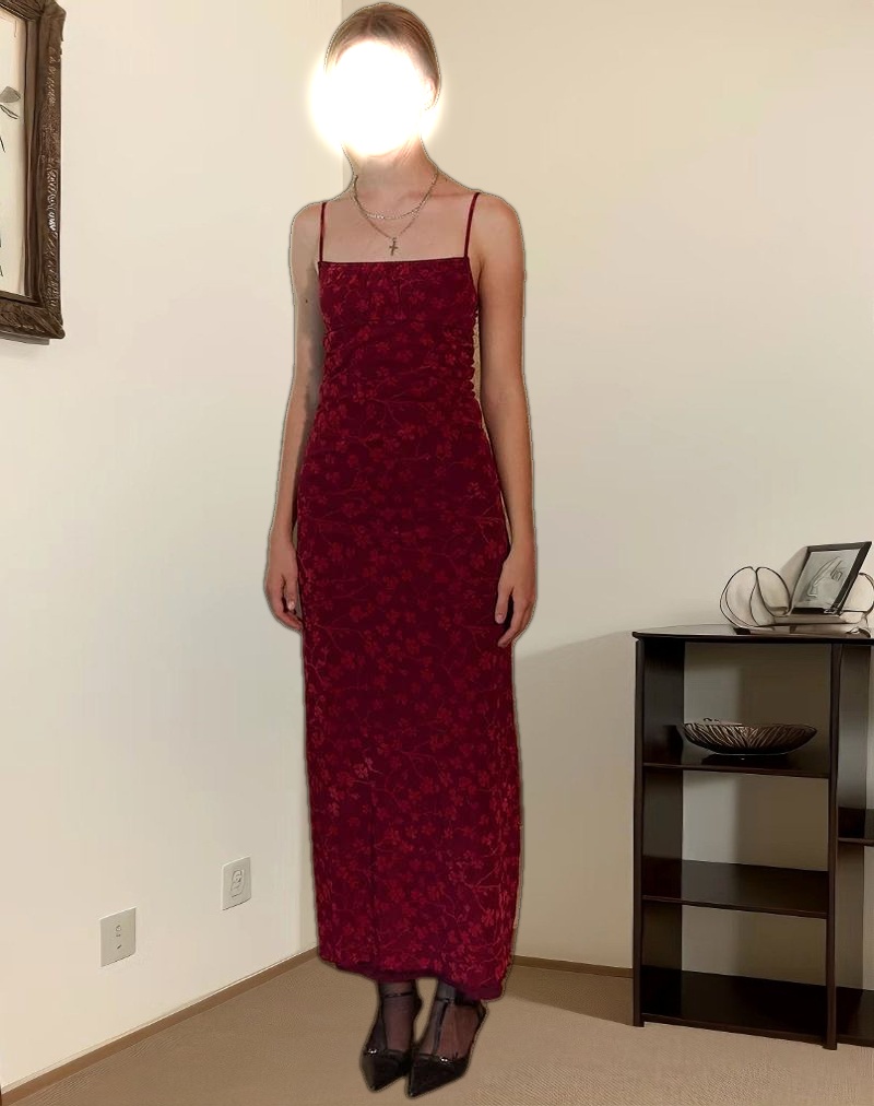 Darsih Cami Maxi Dress Red Grunge Floral Flock