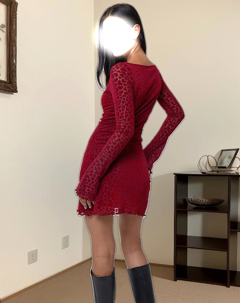 Sevila Long Sleeve Mini Dress in Heart Flock Maroon