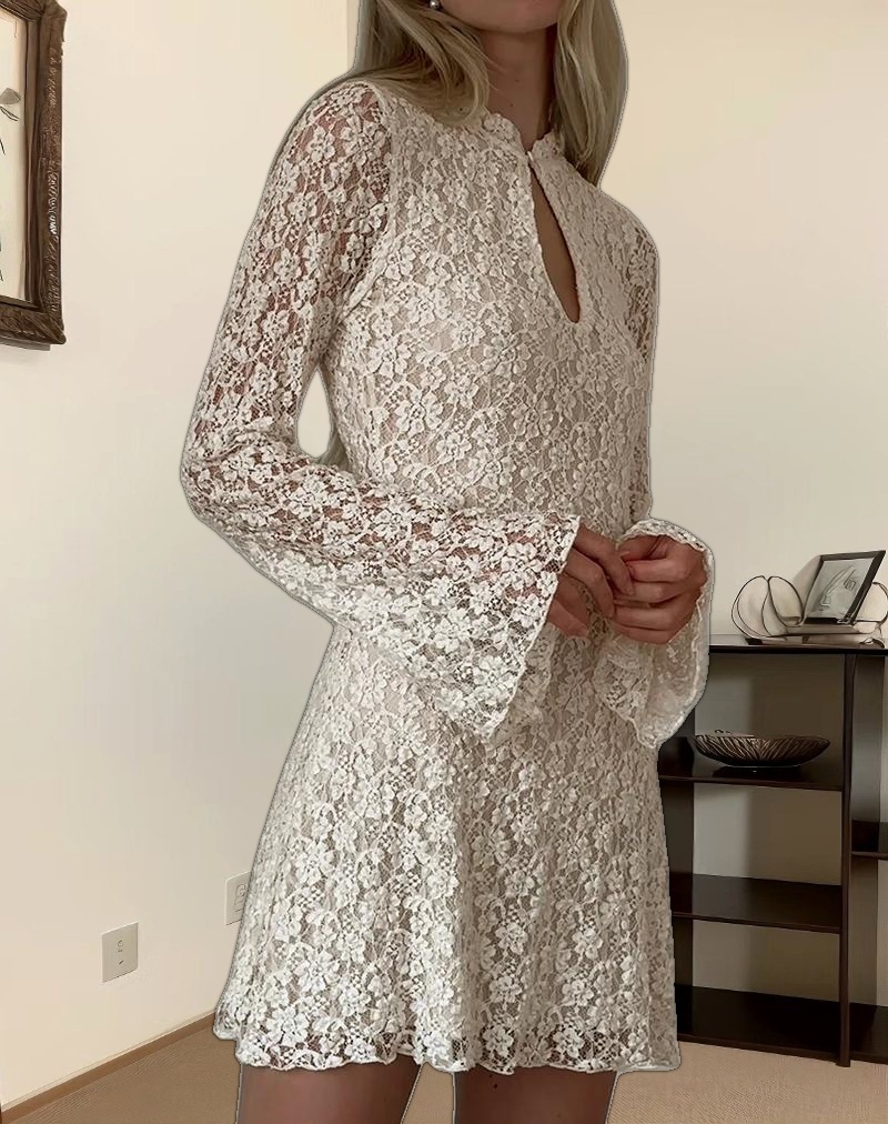 Silvanna Long Sleeve Keyhole Mini Dress in Lace Ivory