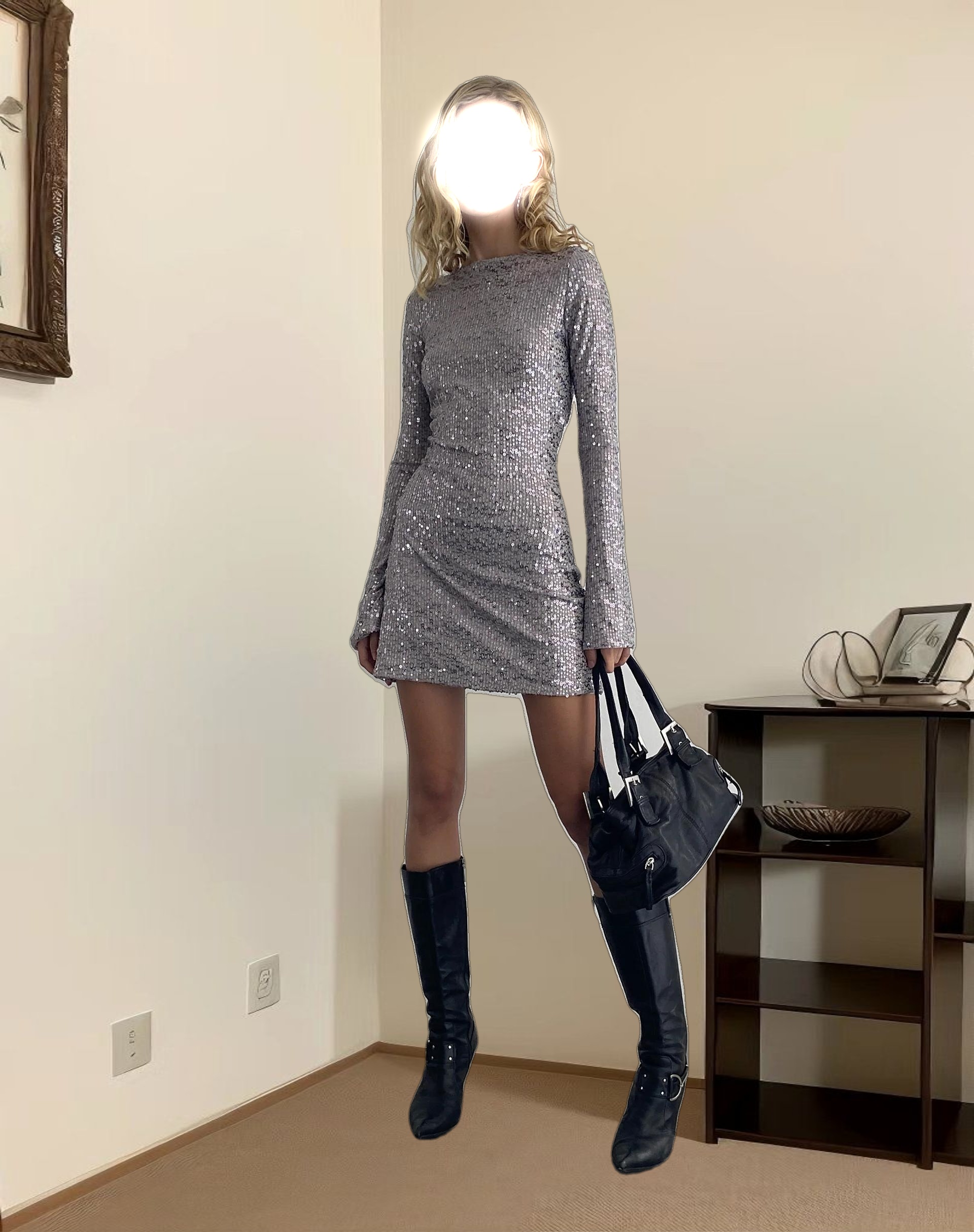 Kimberly Open Back Mini Dress in Silver Sequin