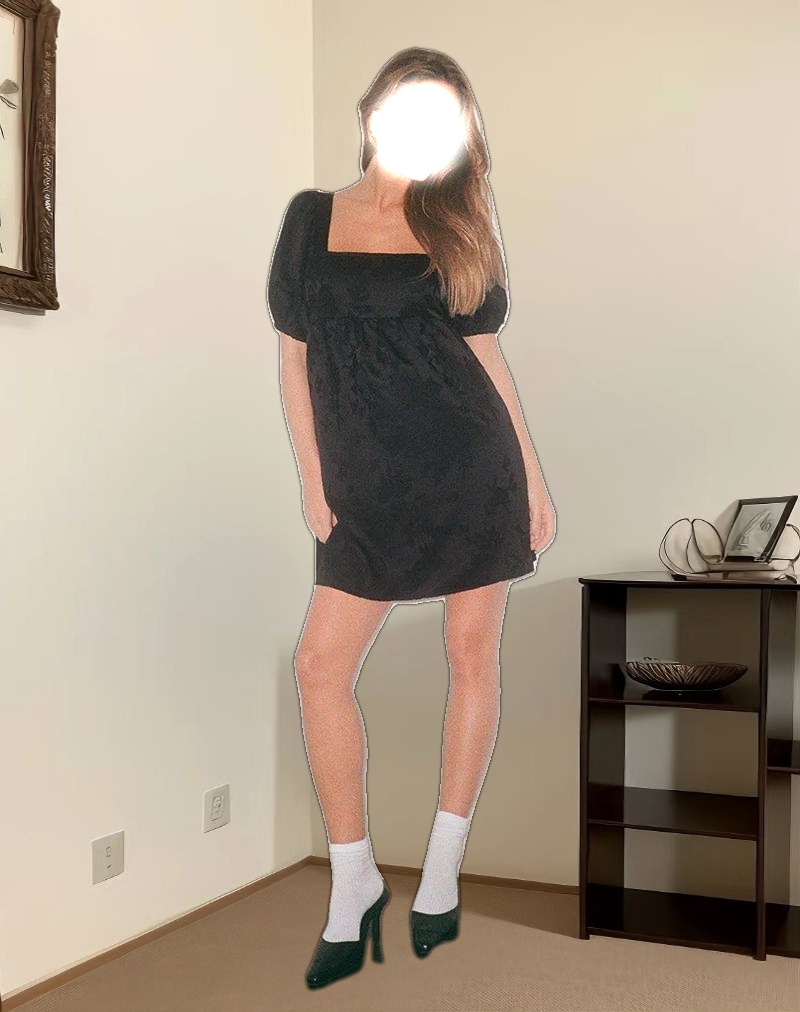 Bimbi Babydoll Mini Dress in Satin Jacquard Black