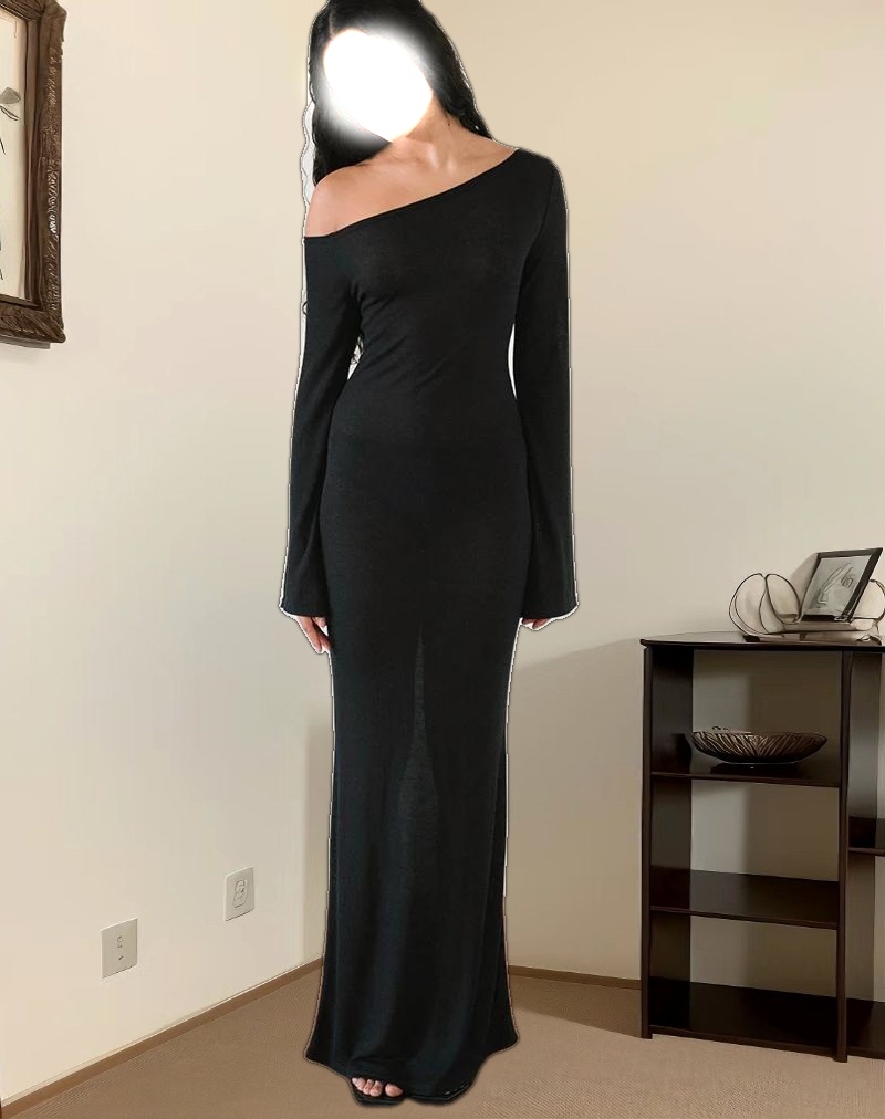 Aldiana Long Sleeve Asymmetric Maxi Dress in Sheer Knit Black
