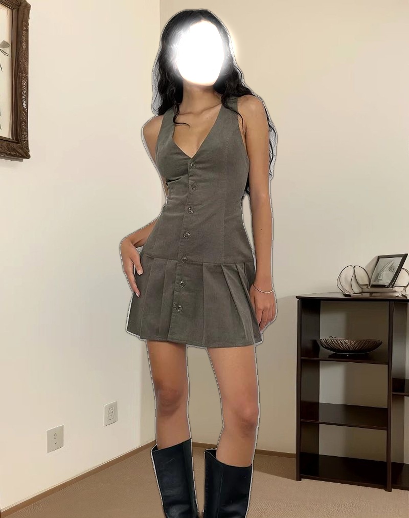 Starrin Button Mini Dress in Cord Brown