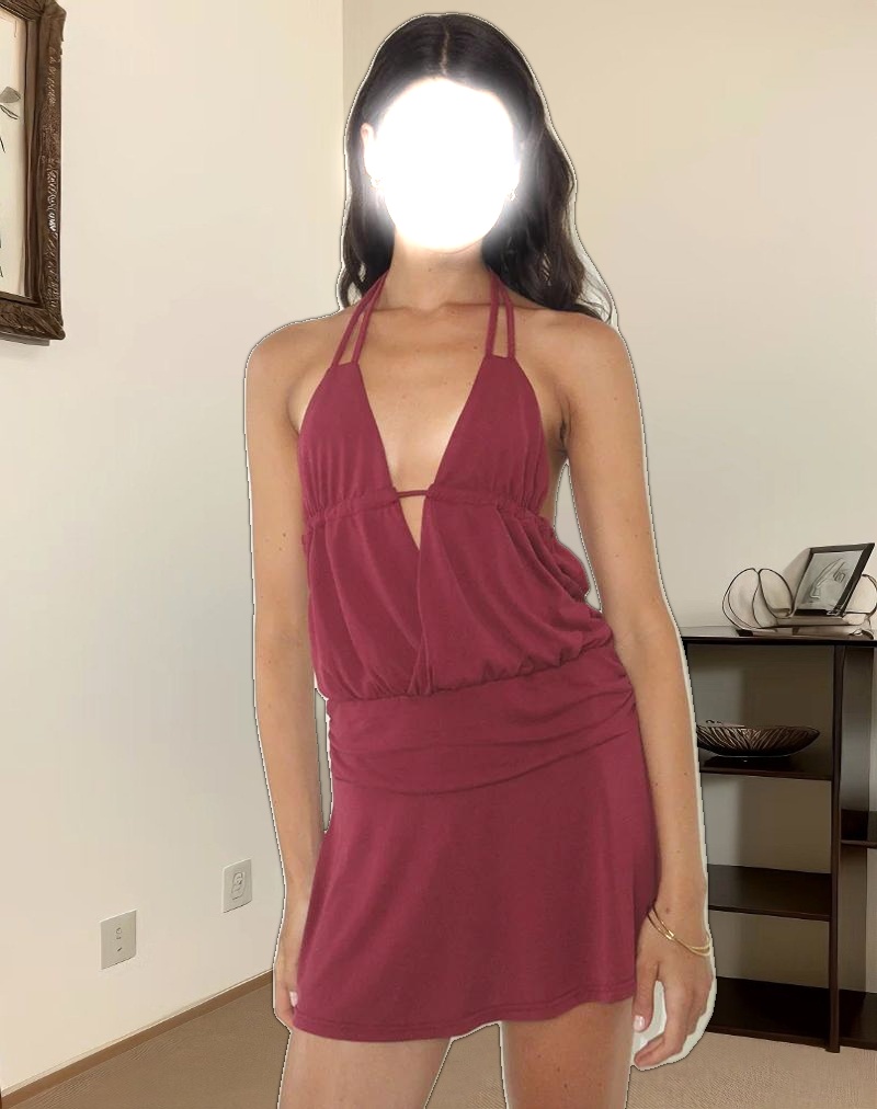 Senara Cinch Waist Halterneck Mini Dress in Burgundy