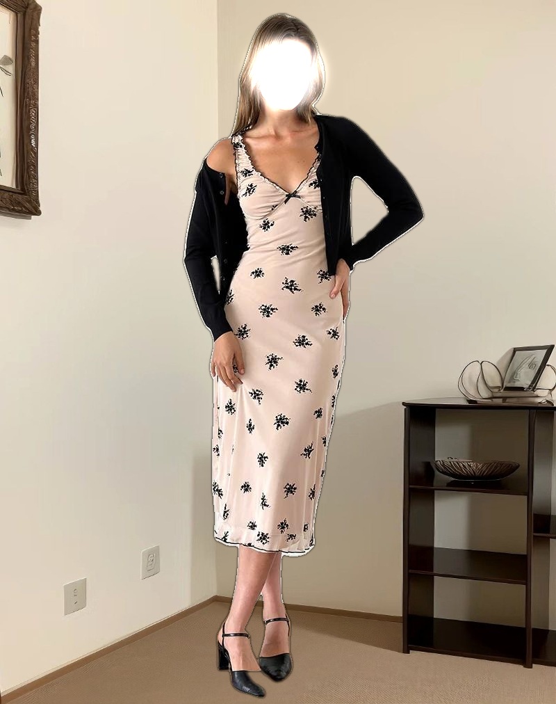 Gandira Midi Dress in Cluster Ditsy Floral Flock Nude