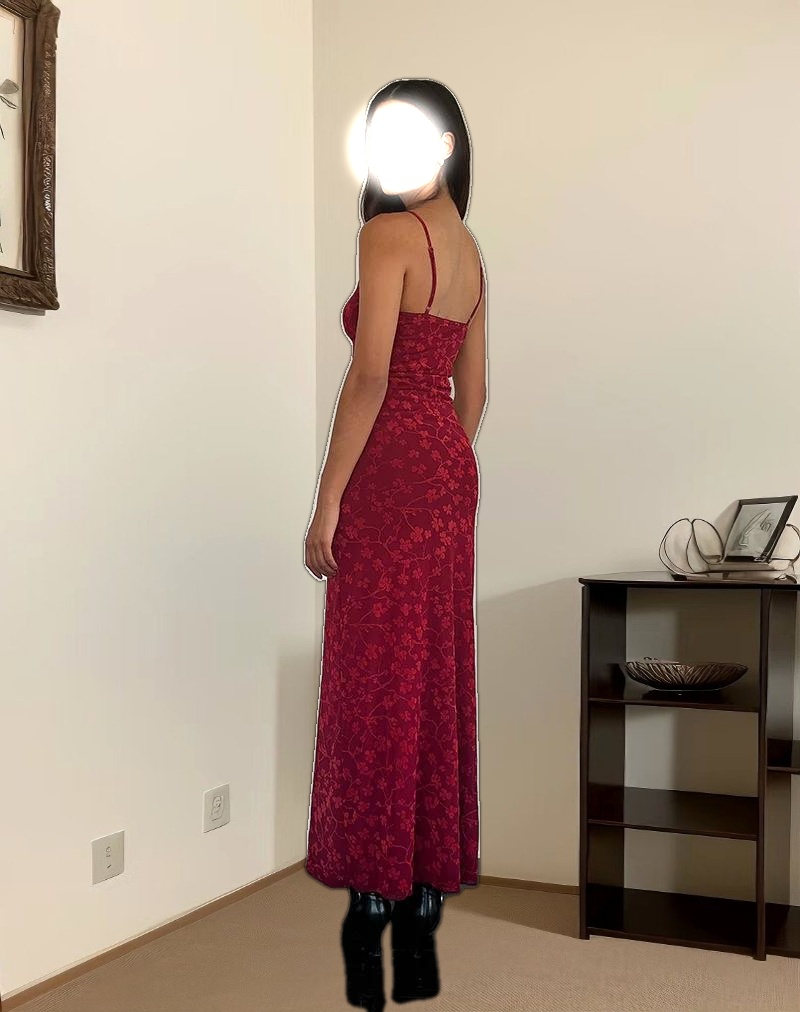 Darsih Cami Maxi Dress Red Grunge Floral Flock