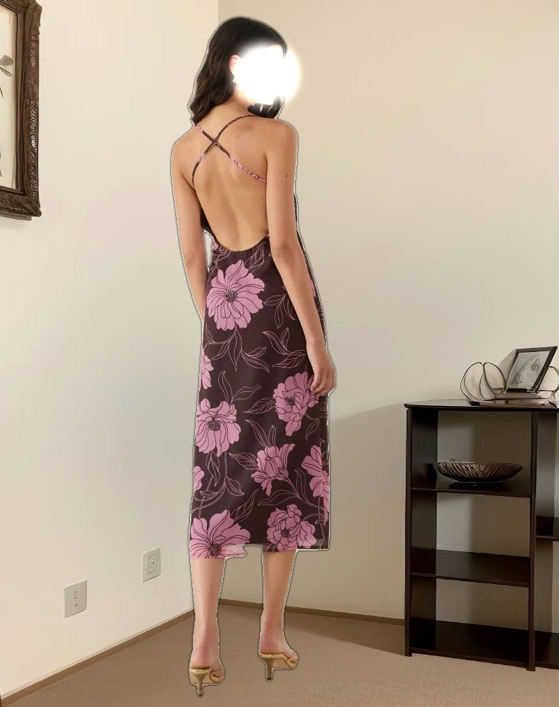 Rujira Cowl Midi Dress in Flare Floral Pink Brown