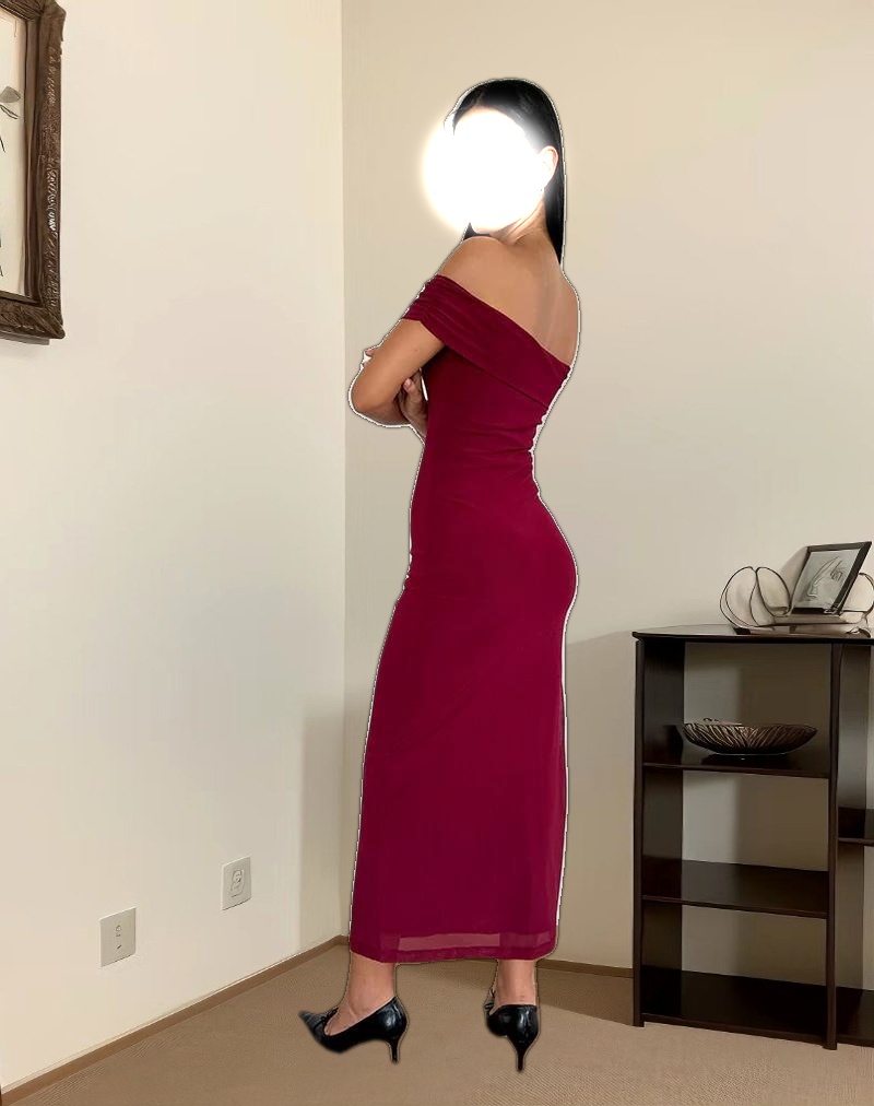 Tarna Bardot Maxi Dress in Mesh Burgundy