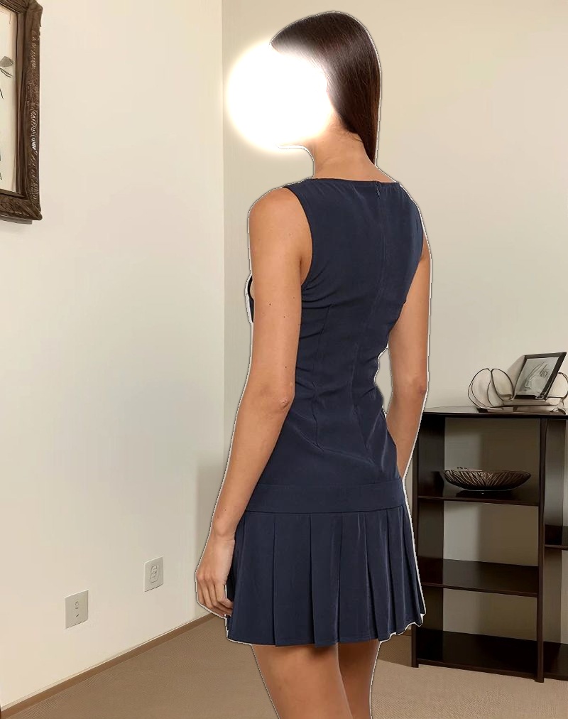 Rita Pleat Mini Dress in Tailoring Navy