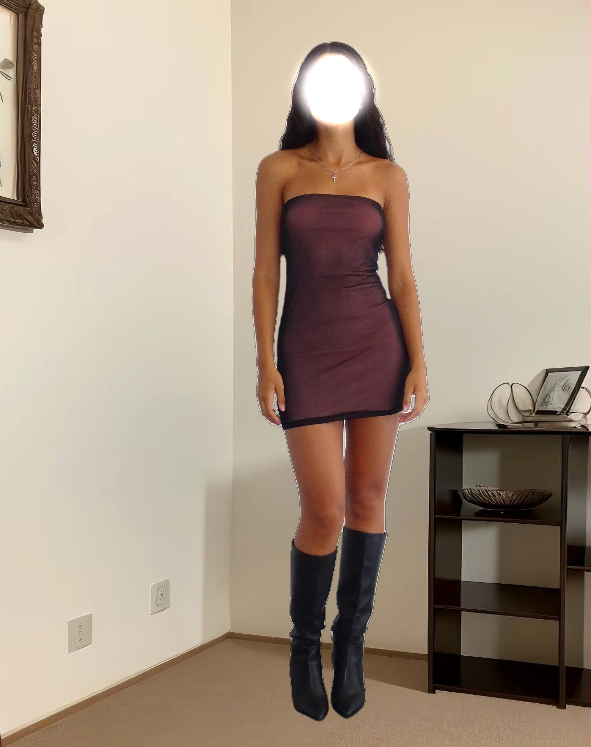 Rowena Bandeau Mesh Mini Dress in Black with Pink Lining