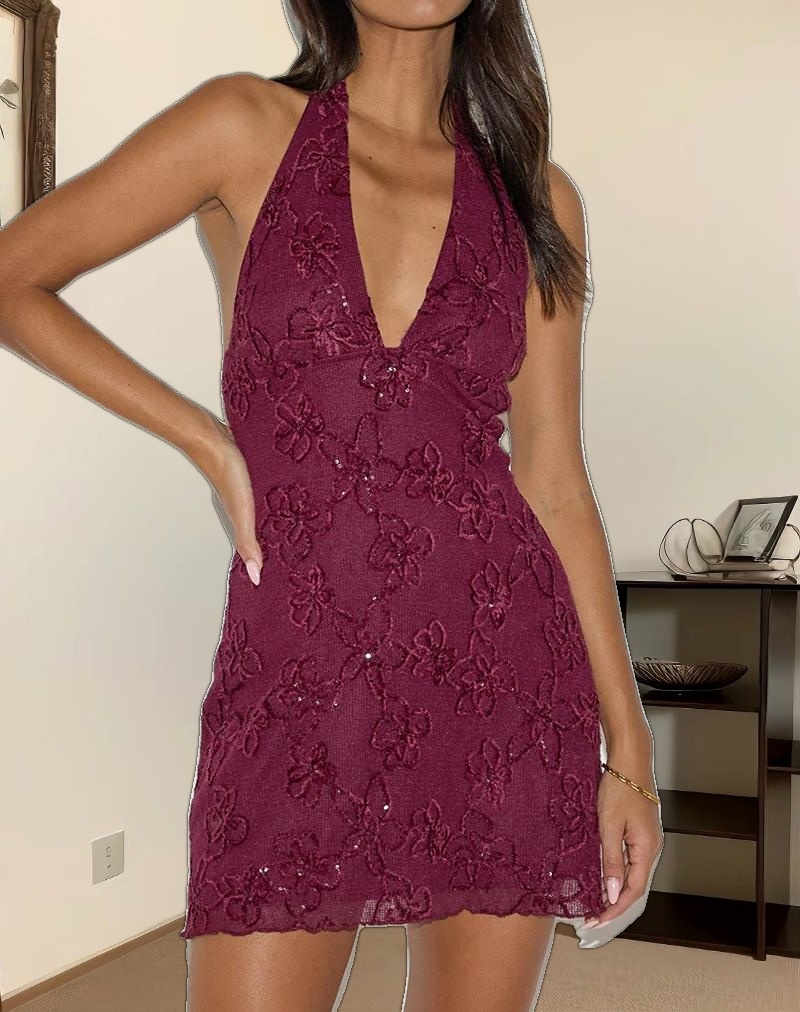 Codami Halterneck Mini Dress in Sequin Knit Burgundy