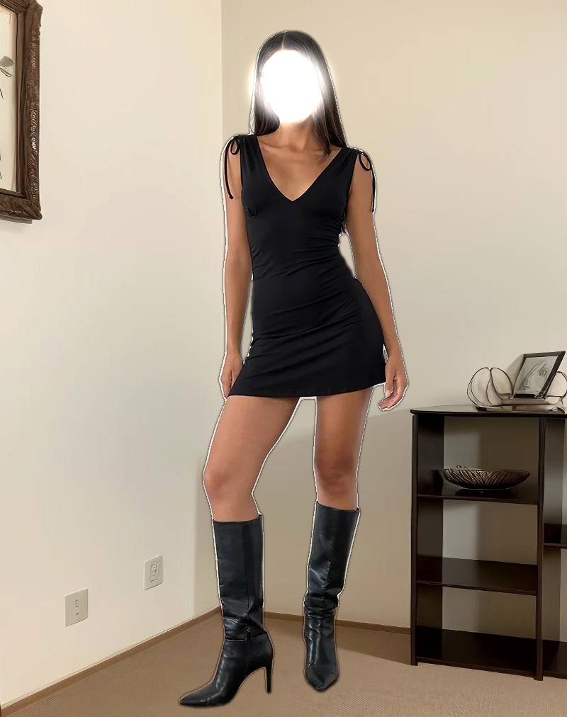 Carmila Gathered Mini Dress in Jersey Black