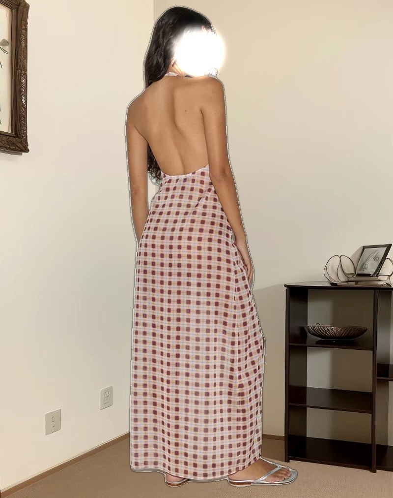 Driti Maxi Dress in Chiffon Blurred Check Peach