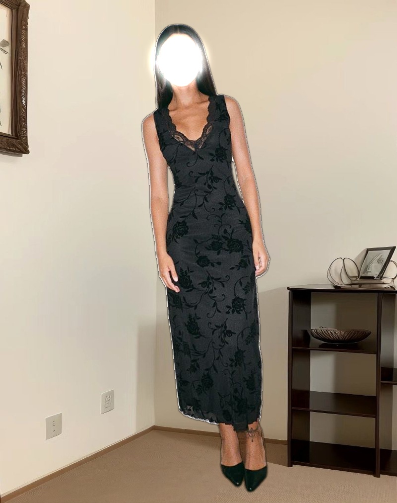 Saga Midi Dress in Rose Flock Black