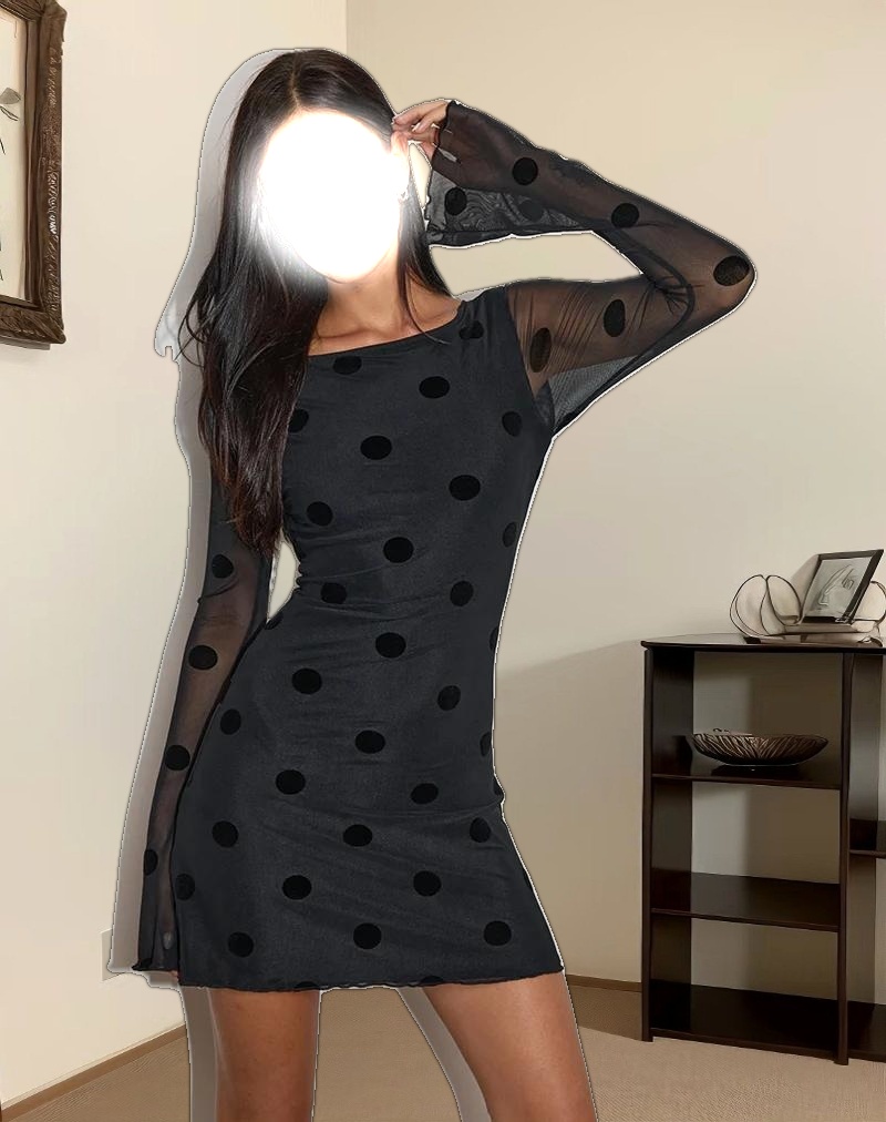 Dasa Long Sleeve Mini Dress in Big Polka Flock Black