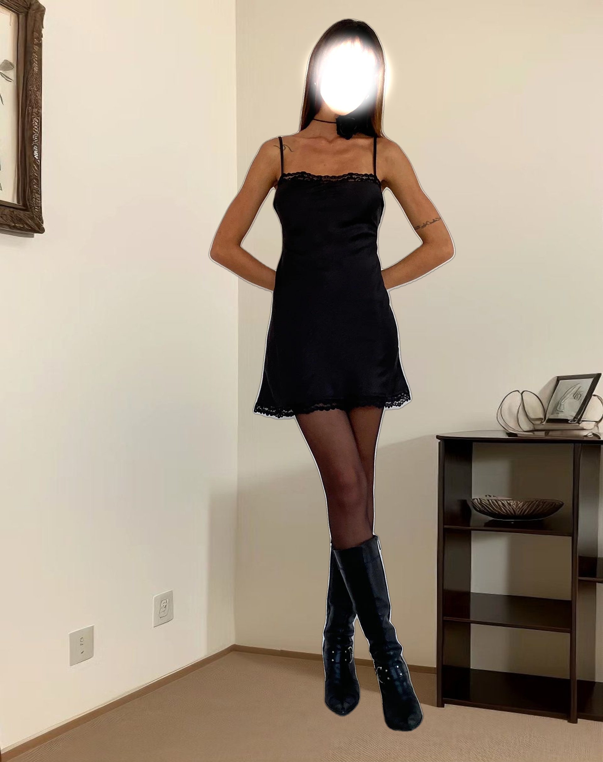 Larna Lace Trim Satin Mini Dress in Black