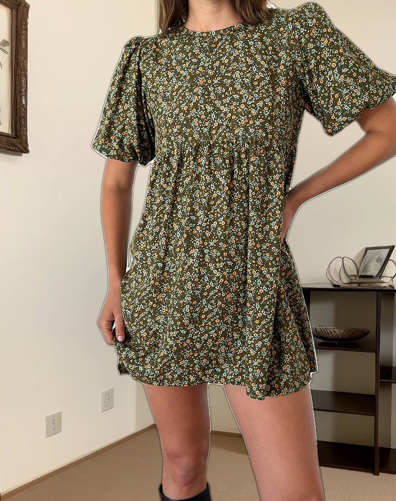 Marate Puff Sleeve Mini Dress in Grunge Floral Khaki