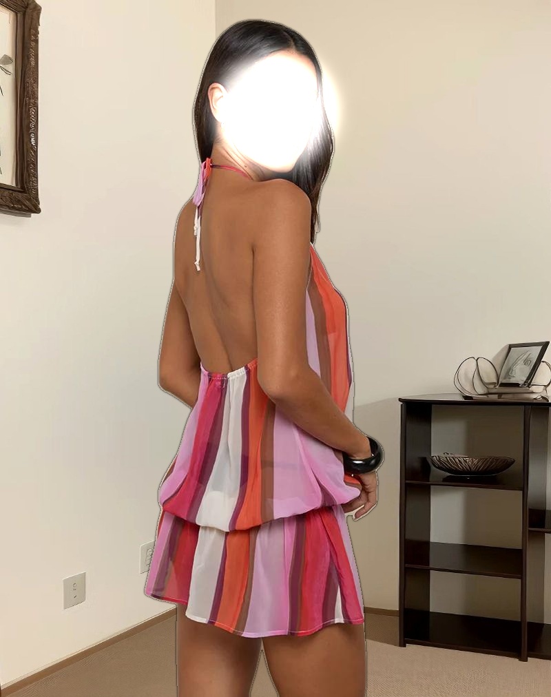 Veloria Halterneck Mini Dress in Pink Sheer Chiffon Painted Stripe