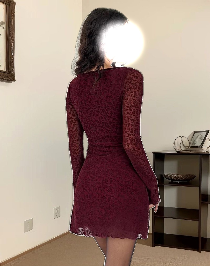 Luth Mini Dress in Ditsy Flocked Burnt Maroon