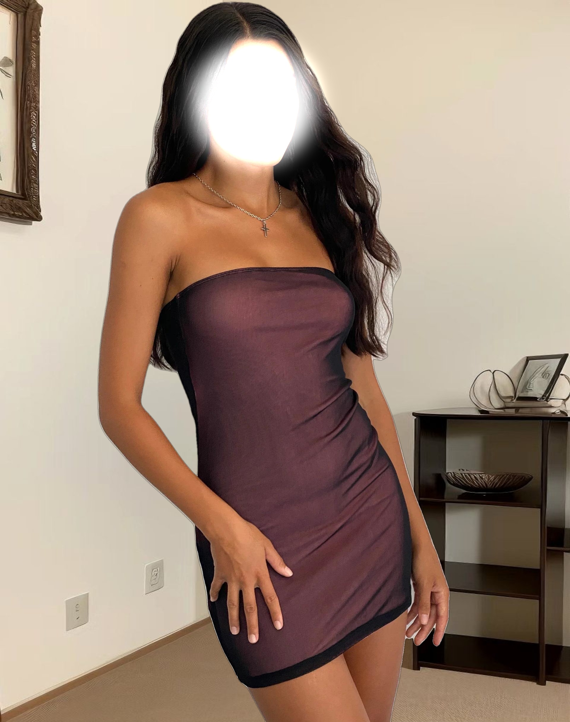 Rowena Bandeau Mesh Mini Dress in Black with Pink Lining