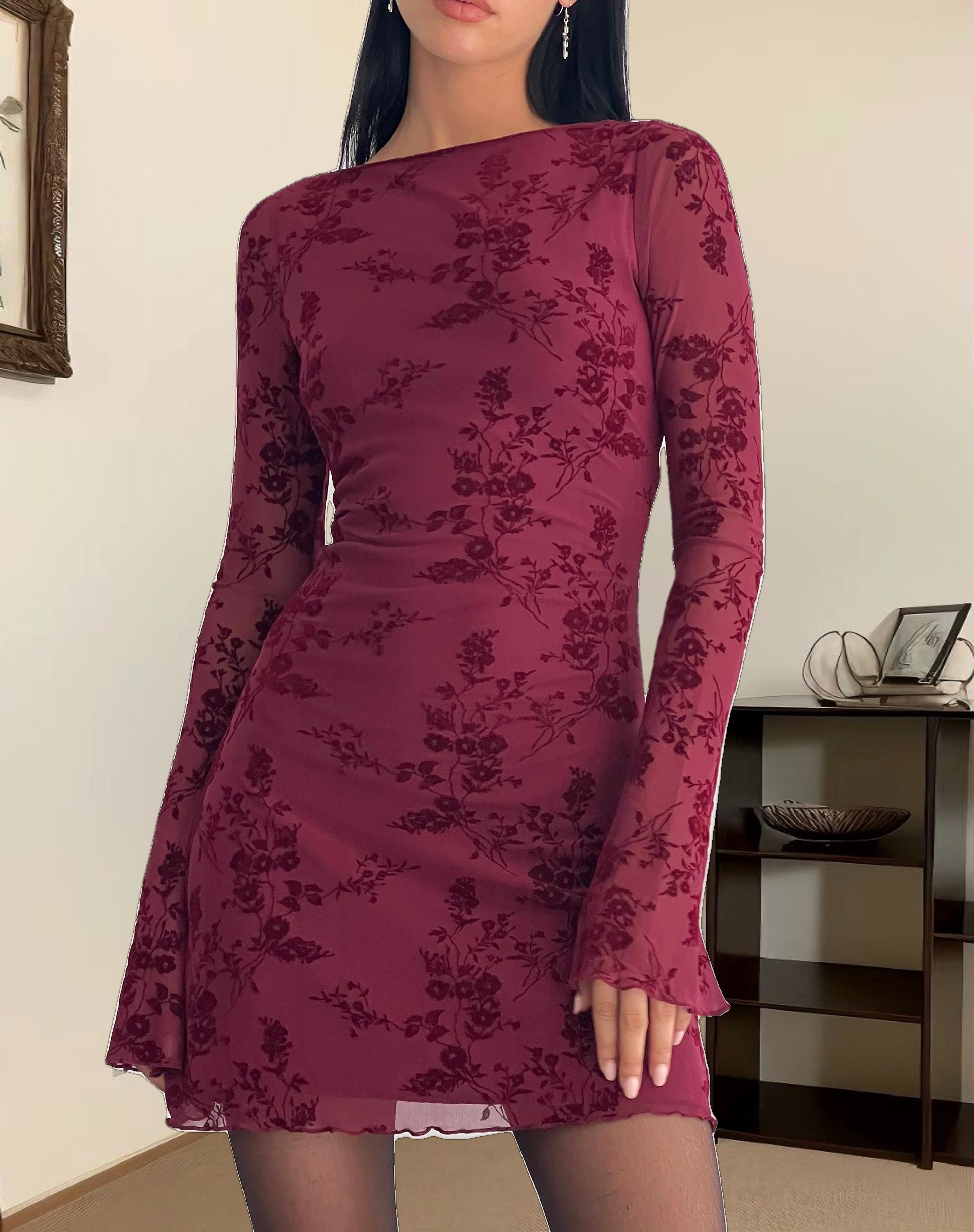 Sevila Long Sleeve Mini Dress in Flocked Botanical Flower Maroon