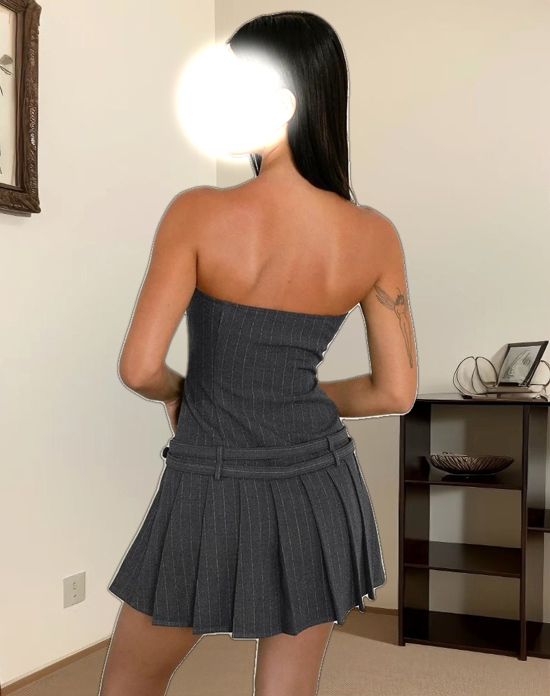 Haika Double Belt Mini Dress in Charcoal with White Stripe