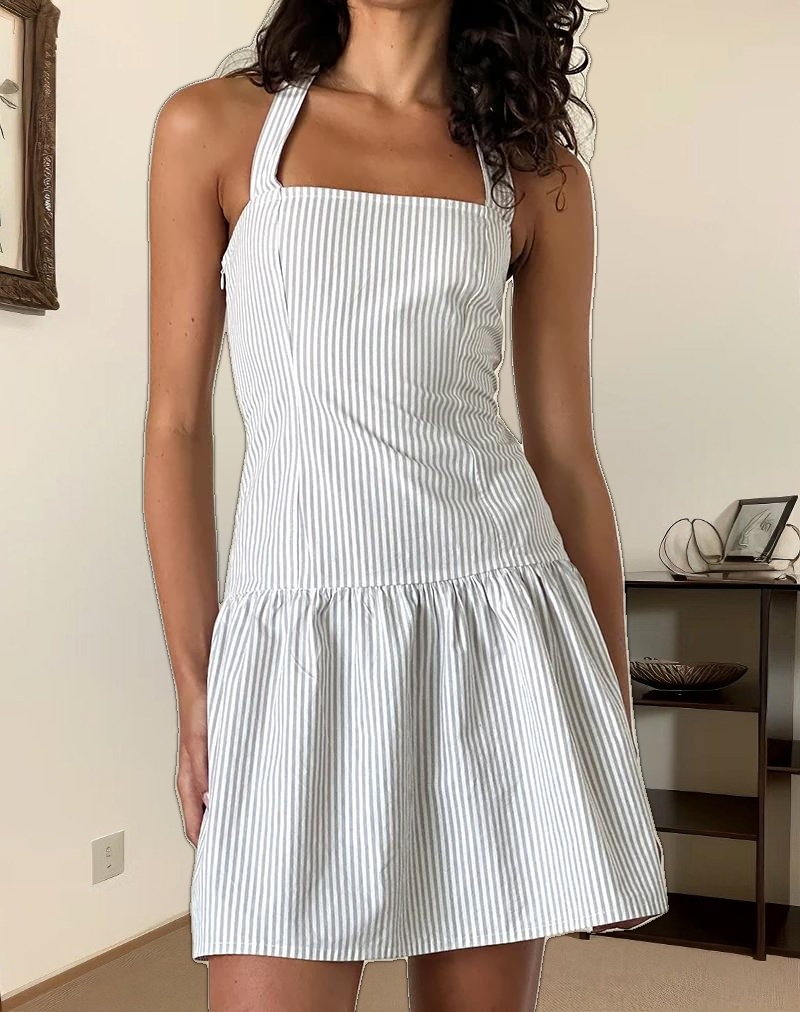 Panja Mini Dress in Small Stripe Vertical Grey