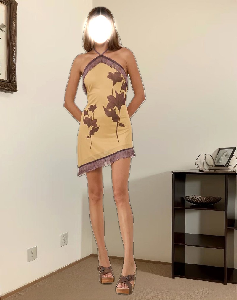 Clooney Fringe Dress in Flower Yellow Brown