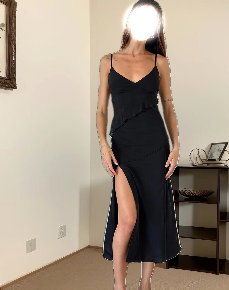 Jacy Ruffle Midi Dress in Mesh Black