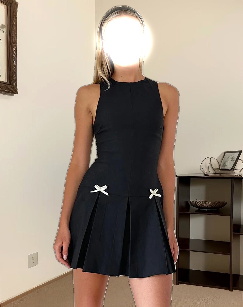 Radeta Mini Dress in Black with Ivory Bows