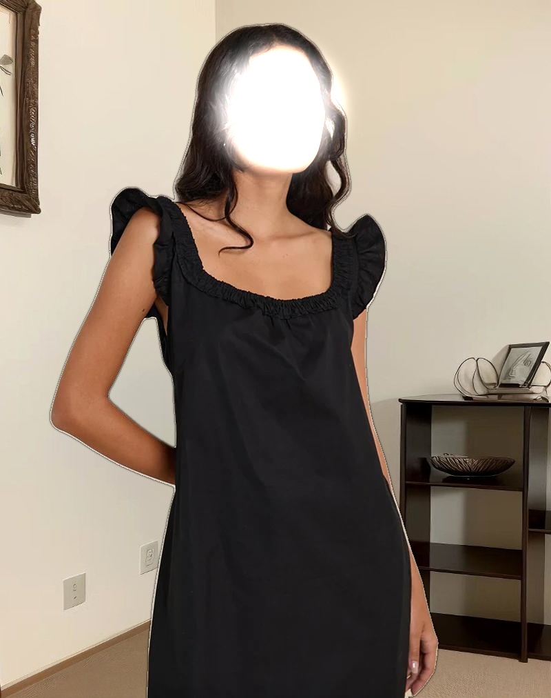 Merrily Smock Midi Dress in Poplin Black