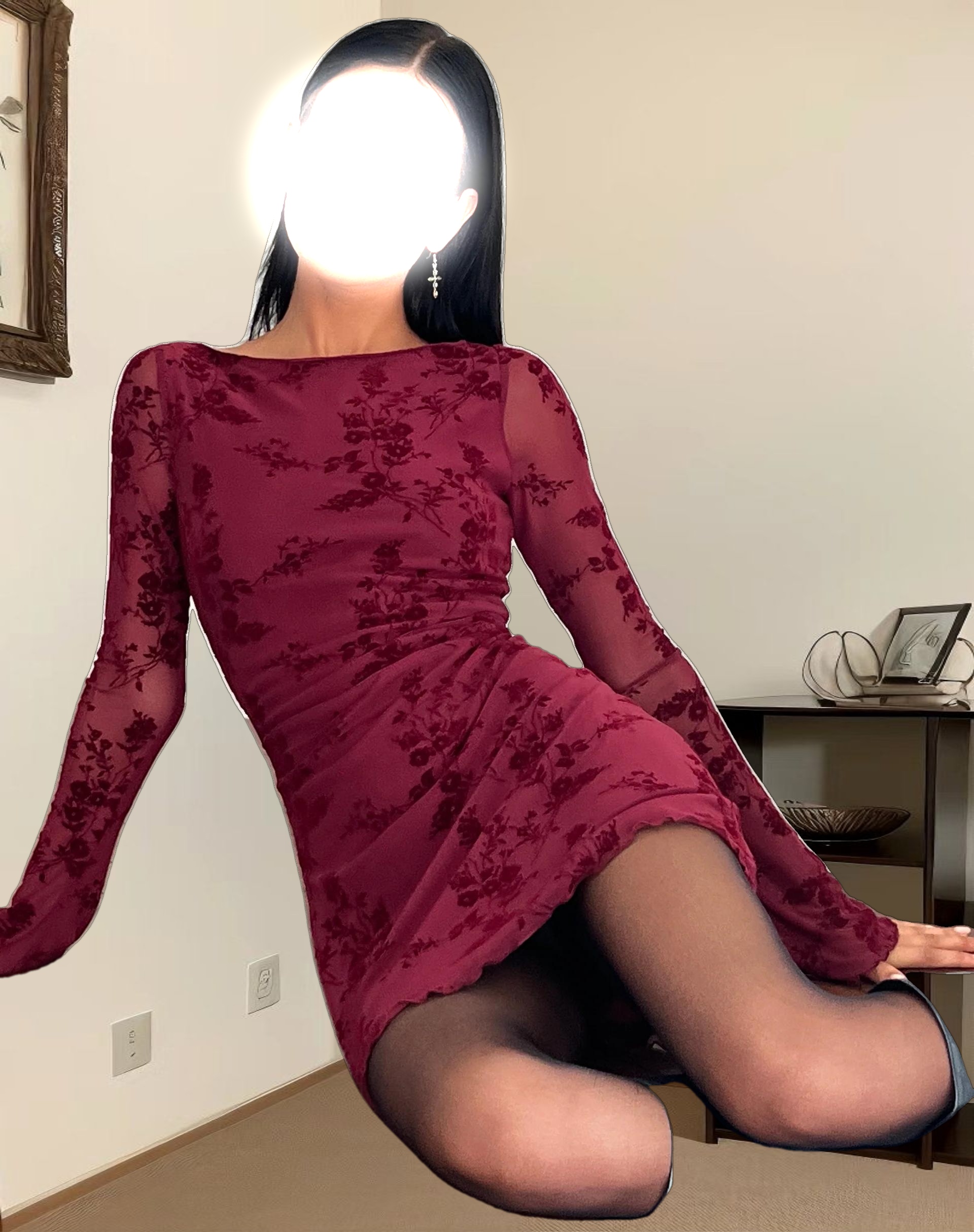 Sevila Long Sleeve Mini Dress in Flocked Botanical Flower Maroon