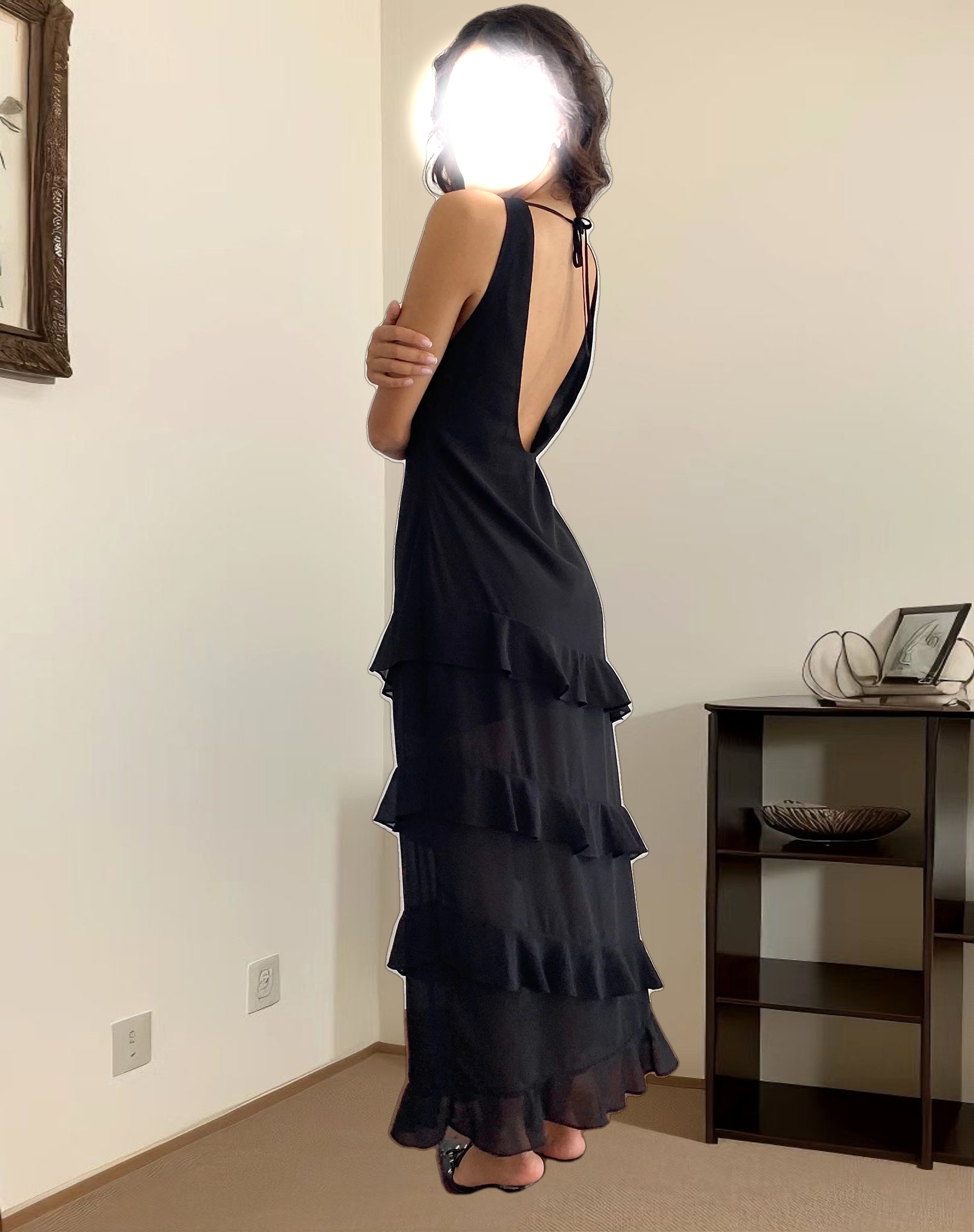 Otna Ruffle Detail Chiffon Maxi Dress in Black