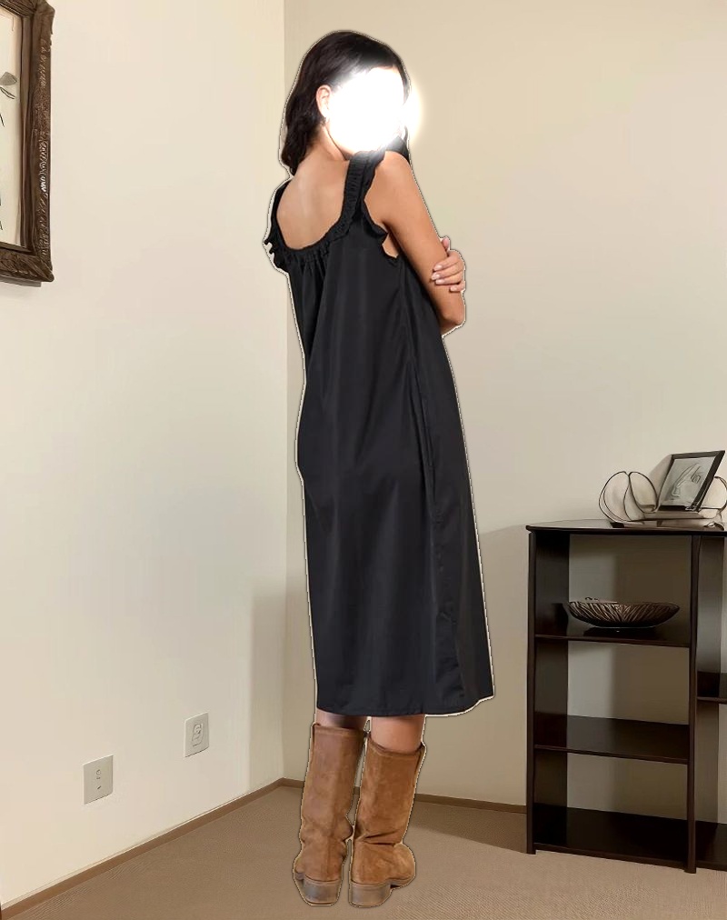 Merrily Smock Midi Dress in Poplin Black