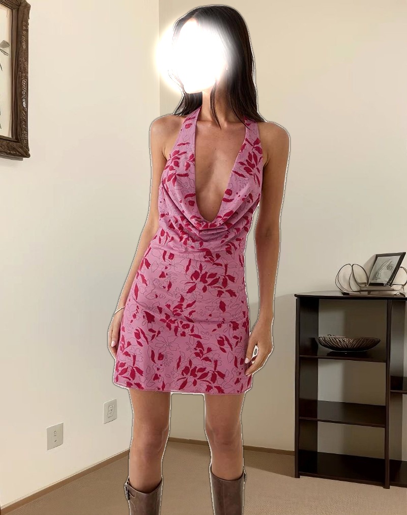 Malora Cowl Mini Dress in Stencil Flower Pink